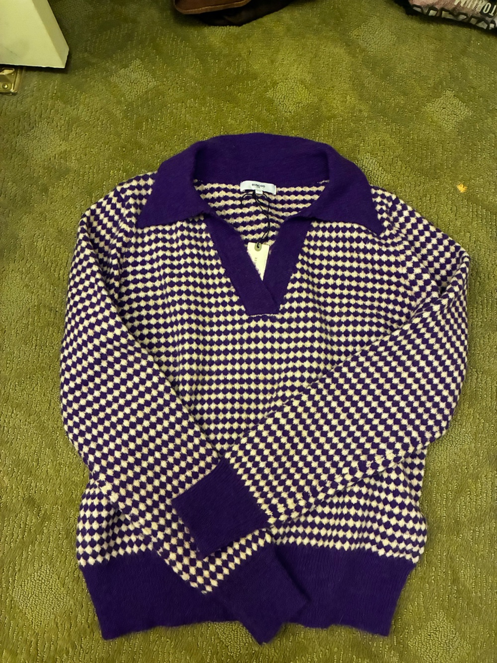 SUNCOO Anthropologie Purple and Cream Checkered Knit Top